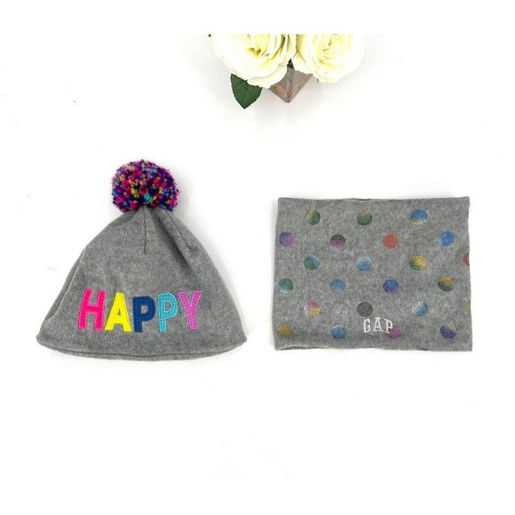 Gap Girls Pro Fleece Pom-Pom Beanie Hat & Neck Warmer Set Size S/M Gray - Picture 4 of 8